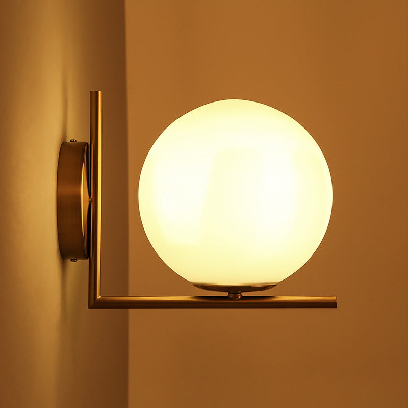Frosted White Glass Ball Wall Light with Gold Arm - Minimalist 1 Head Wall Lamp (Warm/White Light)