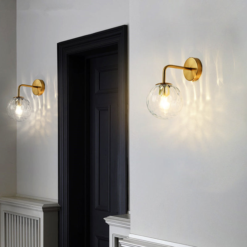 Minimalist Glass Ball Wall Lamp with Ripple Effect and Bent Arm in Black/Gold - Ideal for Bedroom Lighting