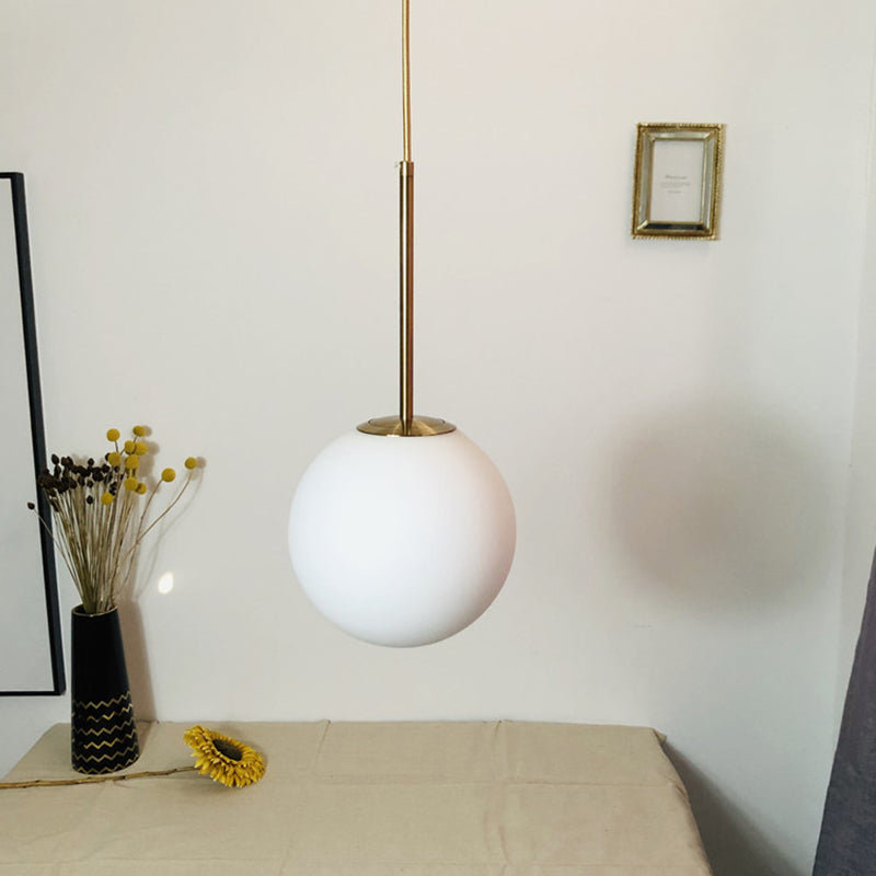 Modern Ball Shaped Pendant Light in Brass with White Glass - 1 Light, 6"/8"/10" Dia - Perfect for Bedrooms
