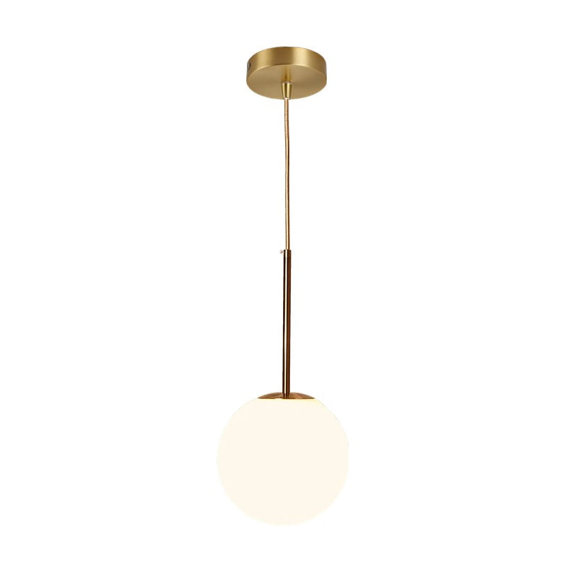 Modern Ball Shaped Pendant Light in Brass with White Glass - 1 Light, 6"/8"/10" Dia - Perfect for Bedrooms