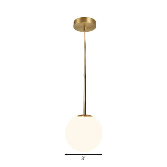 Modern Ball Shaped Pendant Light in Brass with White Glass - 1 Light, 6"/8"/10" Dia - Perfect for Bedrooms