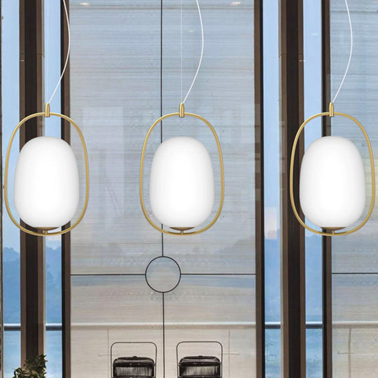 Postmodern Gold Cocoon Pendant Lamp with Frame and Glass Shade – Single Ceiling Hang Light, Warm/White/3 Color Options