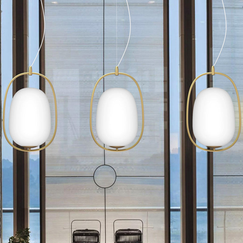 Postmodern Gold Cocoon Pendant Lamp with Frame and Glass Shade – Single Ceiling Hang Light, Warm/White/3 Color Options