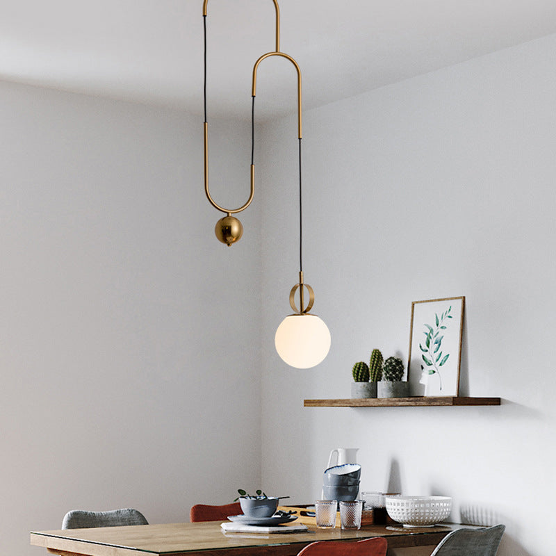 Opaline Glass Ball Pendant Light with Pulley - Postmodern Hanging Lamp in Gold
