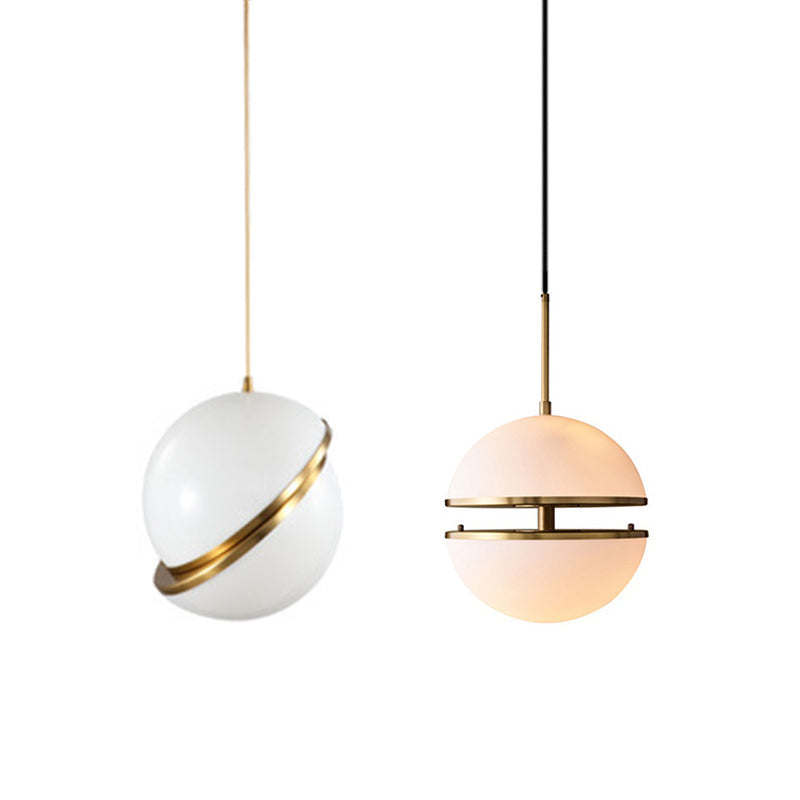 Frosted White Glass Sliced Sphere Hanging Lamp in Brass - Available in 3 Sizes