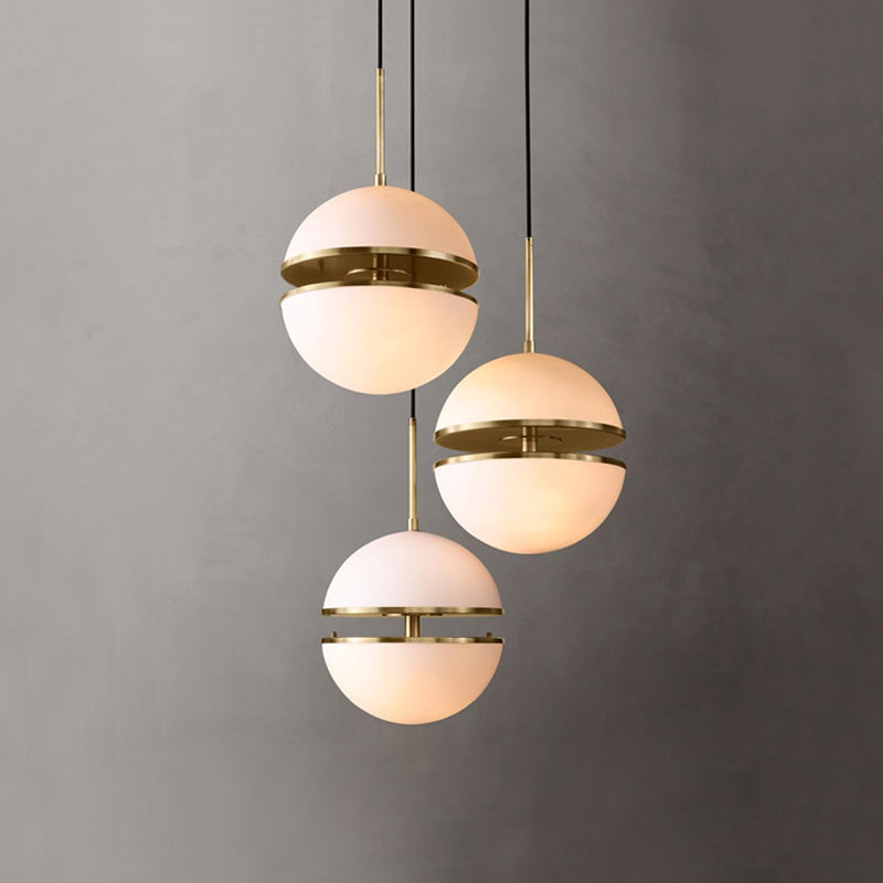 Frosted White Glass Sliced Sphere Hanging Lamp in Brass - Available in 3 Sizes
