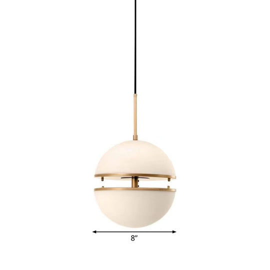 Frosted White Glass Sliced Sphere Hanging Lamp in Brass - Available in 3 Sizes