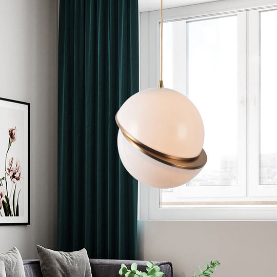 Frosted White Glass Sliced Sphere Hanging Lamp in Brass - Available in 3 Sizes