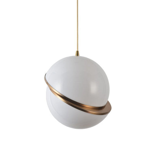 Frosted White Glass Sliced Sphere Hanging Lamp in Brass - Available in 3 Sizes