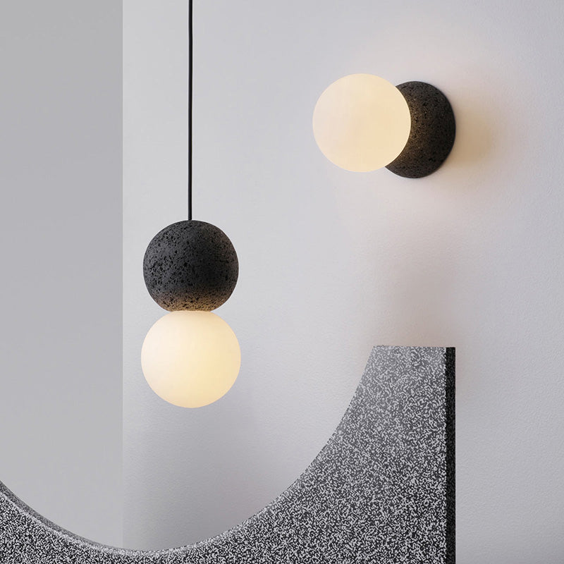 Cement Twin Ball Ceiling Pendant Lamp - Postmodernist Design - Black with Opal Glass Shade