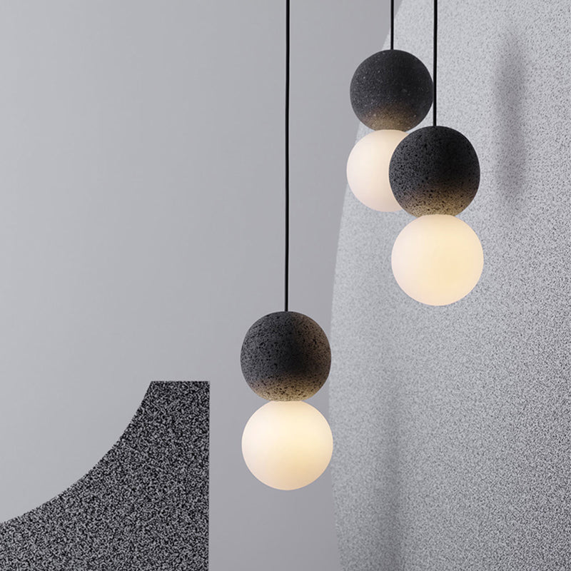 Cement Twin Ball Ceiling Pendant Lamp - Postmodernist Design - Black with Opal Glass Shade