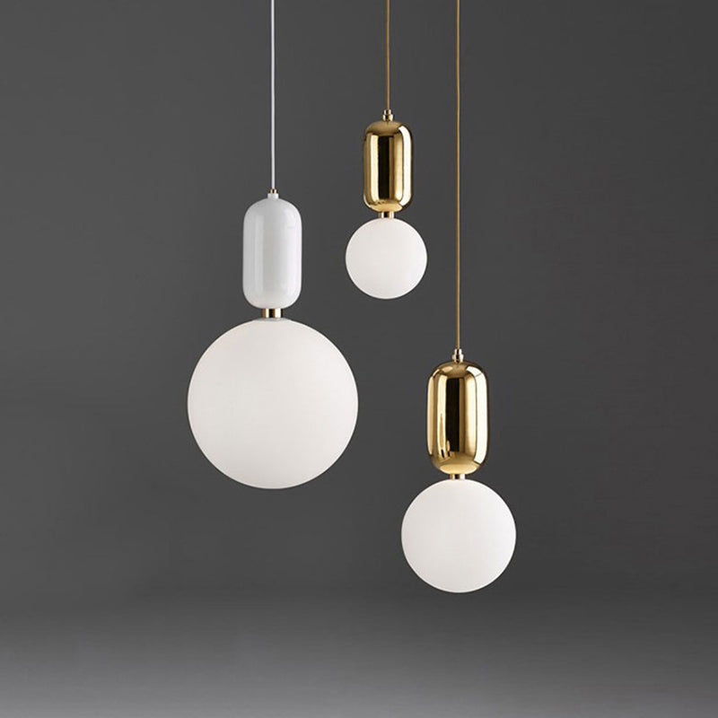 Postmodern 1-Light Pendant Lamp with Milky Ball Glass Shade - White/Gold, 6"/8"/12" Dia