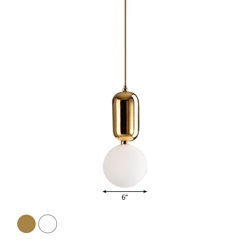 Postmodern 1-Light Pendant Lamp with Milky Ball Glass Shade - White/Gold, 6"/8"/12" Dia