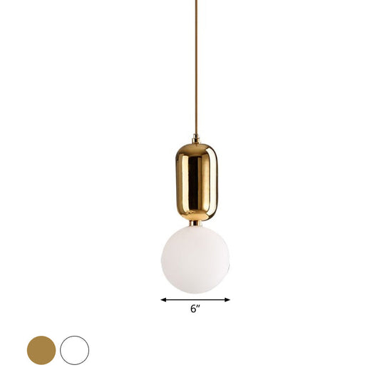 Postmodern 1-Light Pendant Lamp with Milky Ball Glass Shade - White/Gold, 6"/8"/12" Dia