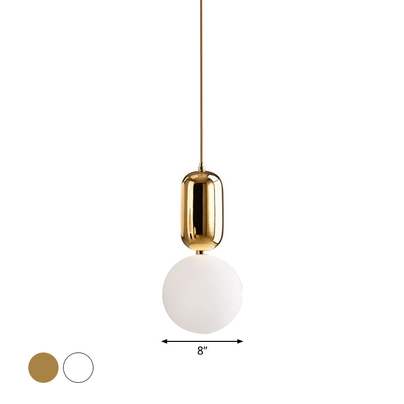 Postmodern 1-Light Pendant Lamp with Milky Ball Glass Shade - White/Gold, 6"/8"/12" Dia