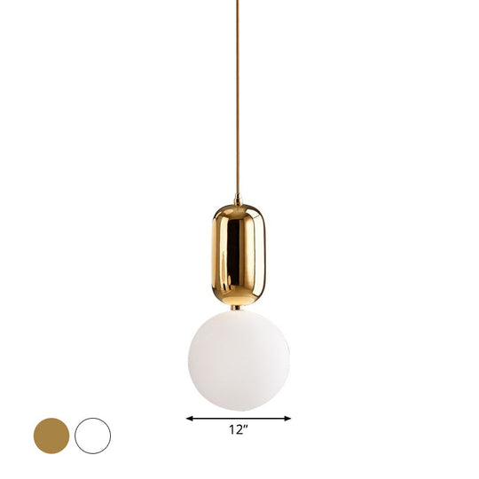 Postmodern 1-Light Pendant Lamp with Milky Ball Glass Shade - White/Gold, 6"/8"/12" Dia