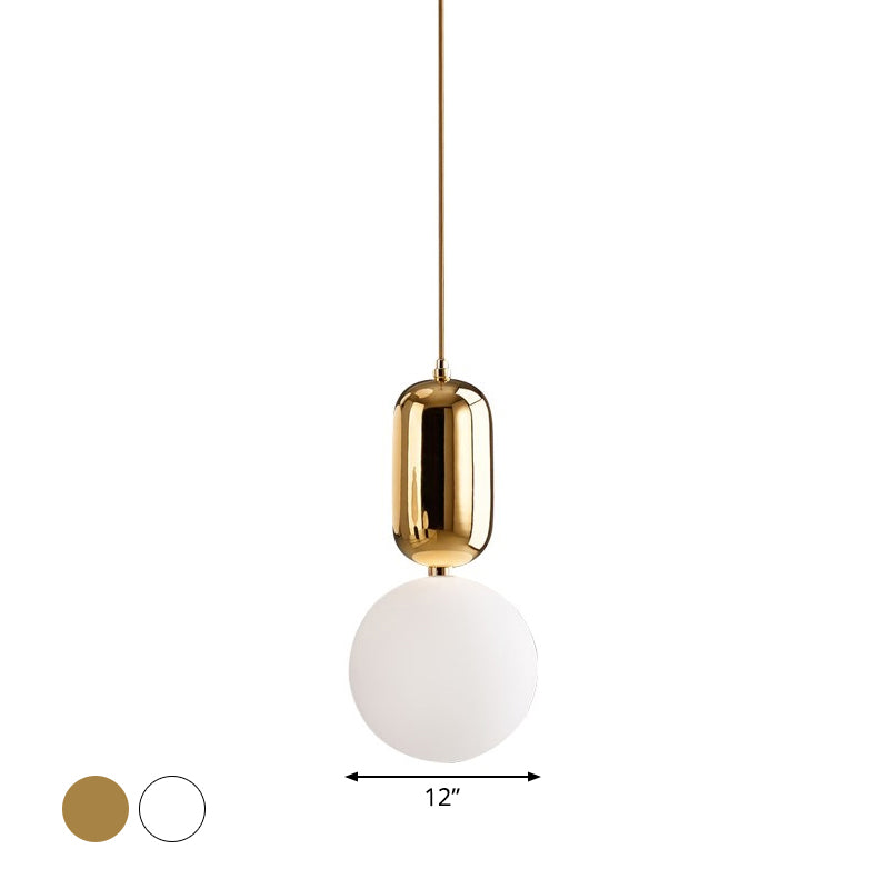 Postmodern 1-Light Pendant Lamp with Milky Ball Glass Shade - White/Gold, 6"/8"/12" Dia