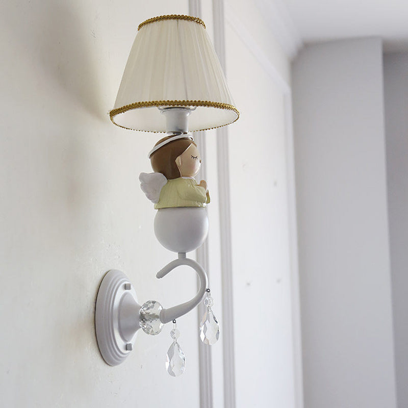 Crystal and Doll Deco Wall Light in White for Hallway - Modern Fabric Sconce Lamp with Tapered Shade