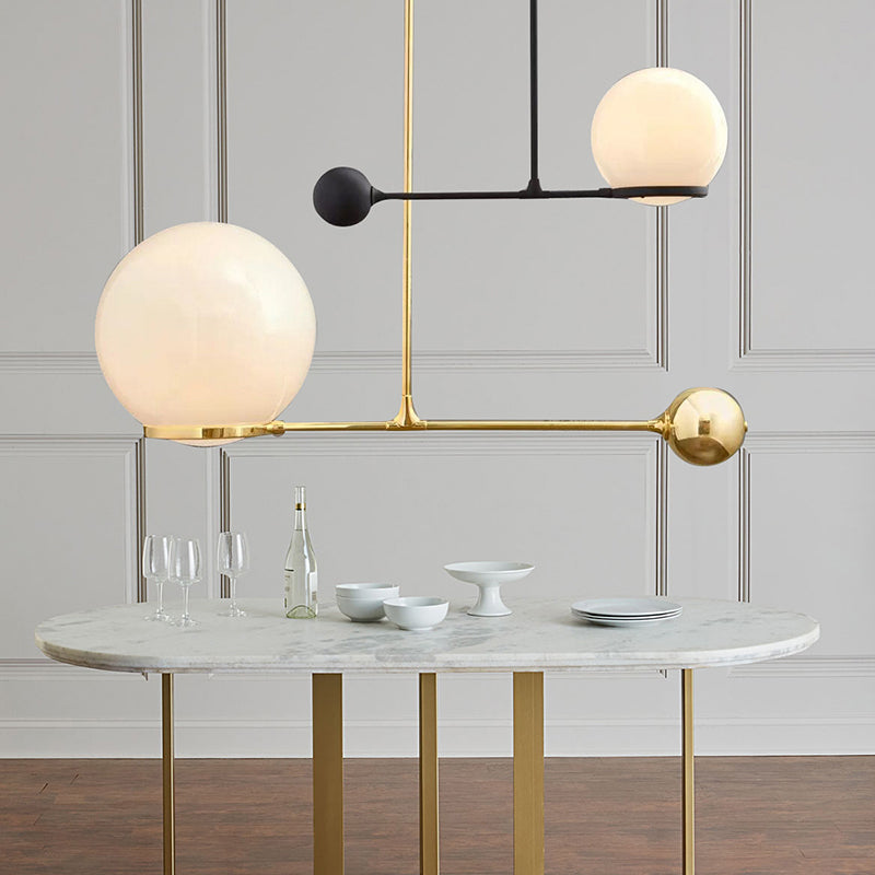 Frosted White Glass Globe Hotel Ceiling Suspension Lamp: Elegant 1-Head Postmodern Drop Pendant with Sleek Lever Design in Black/Gold