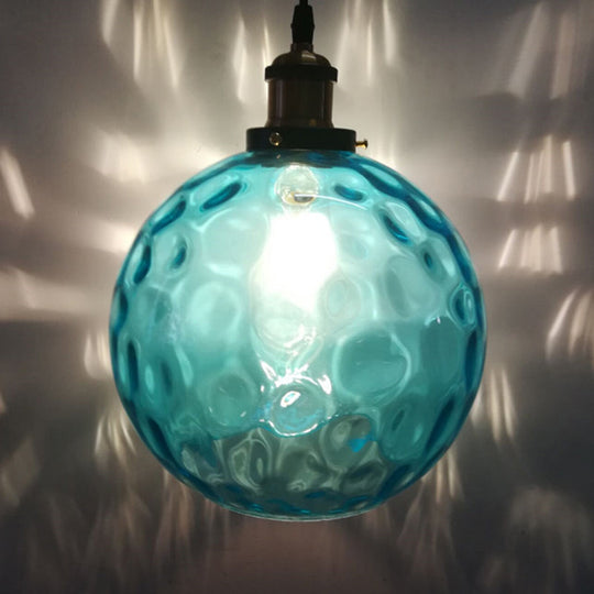 Modern Blue Rippled Glass Ball Hanging Light with Brass Ceiling Suspension - 1 Light (8"/10"/12" Sizes)