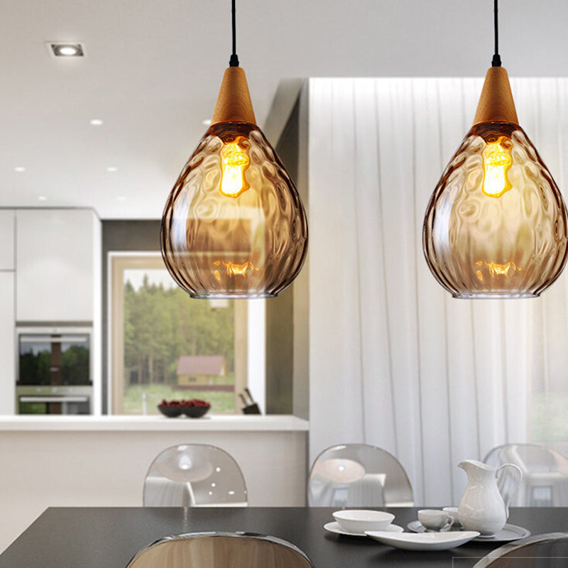 Modern Wood Teardrop Pendant Light with Amber Water Glass for Restaurant - 6"/8" Wide