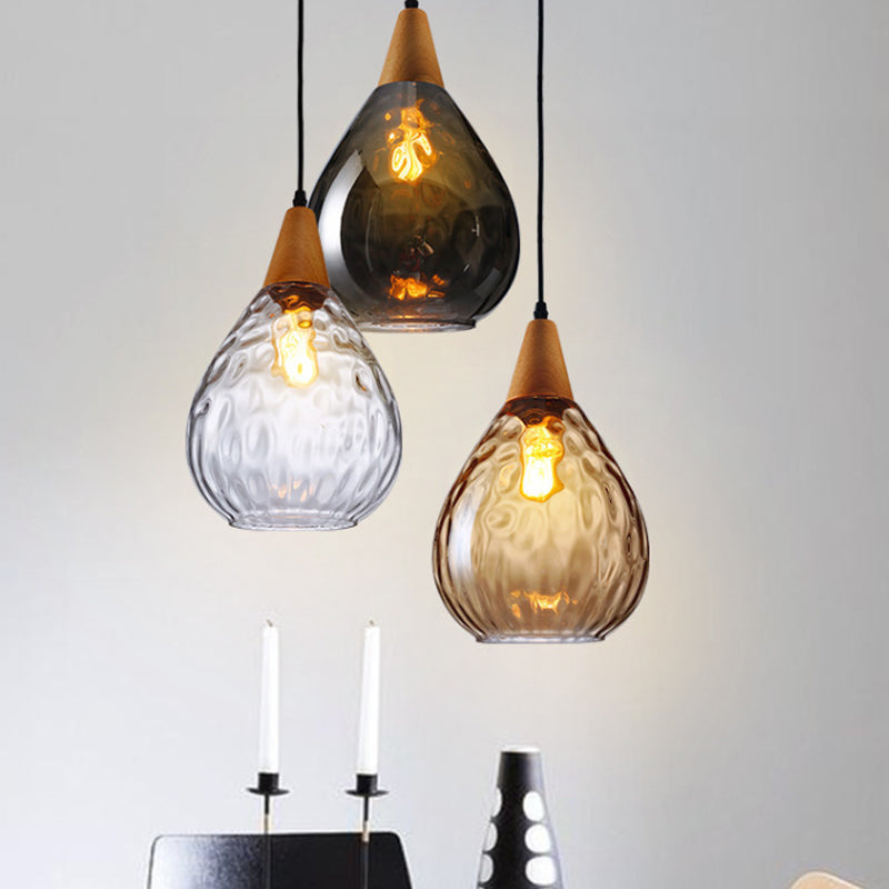 Modern Wood Teardrop Pendant Light with Amber Water Glass for Restaurant - 6"/8" Wide