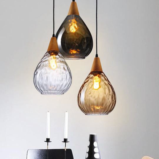 Modern Wood Teardrop Pendant Light with Amber Water Glass for Restaurant - 6"/8" Wide