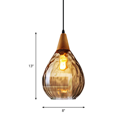 Modern Wood Teardrop Pendant Light with Amber Water Glass for Restaurant - 6"/8" Wide