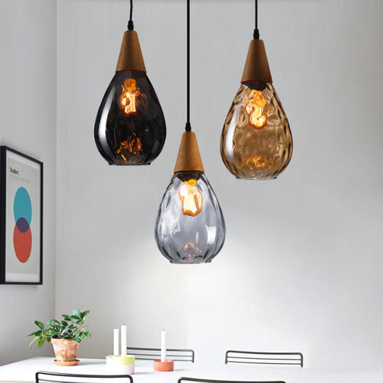 Modern Wood Teardrop Pendant Light with Amber Water Glass for Restaurant - 6"/8" Wide