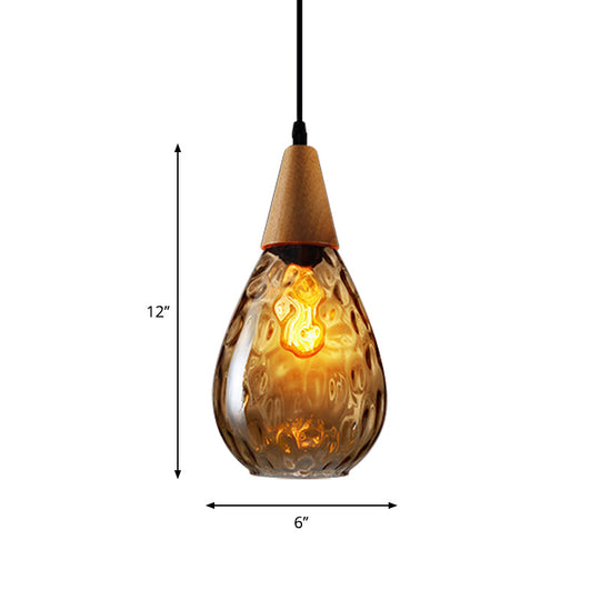 Modern Wood Teardrop Pendant Light with Amber Water Glass for Restaurant - 6"/8" Wide