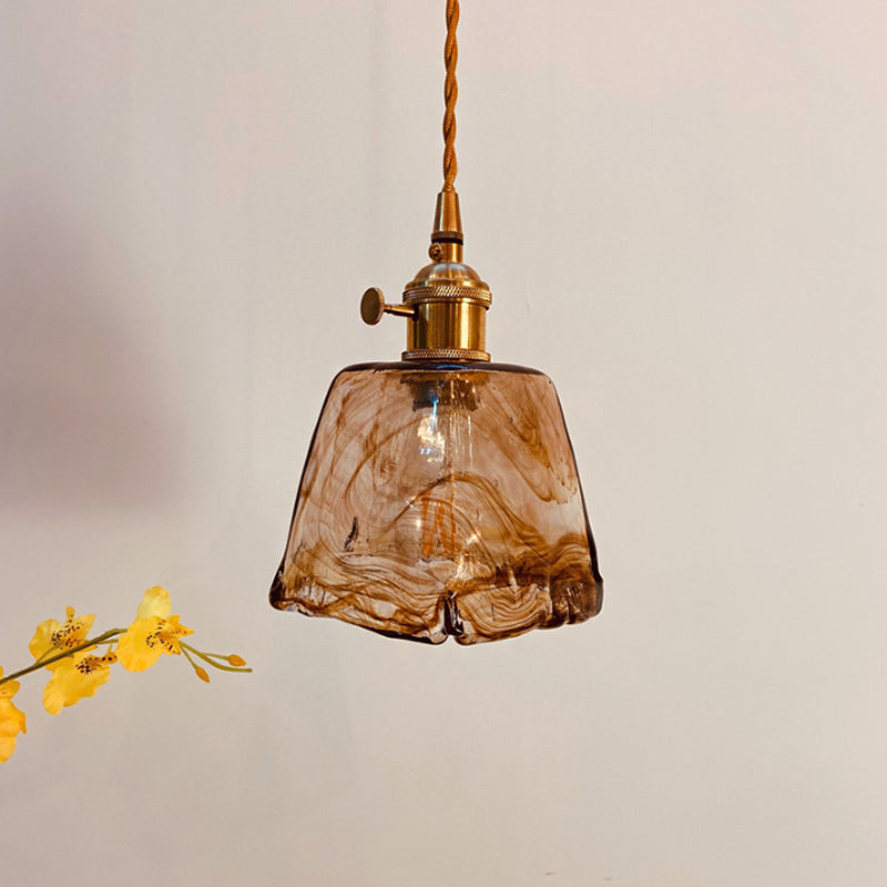 Modern Hanging Pendant Light with Amber Alabaster Glass and Brass Down Lighting for Dining Room - Trapezoid/Cone/Cuboid Design