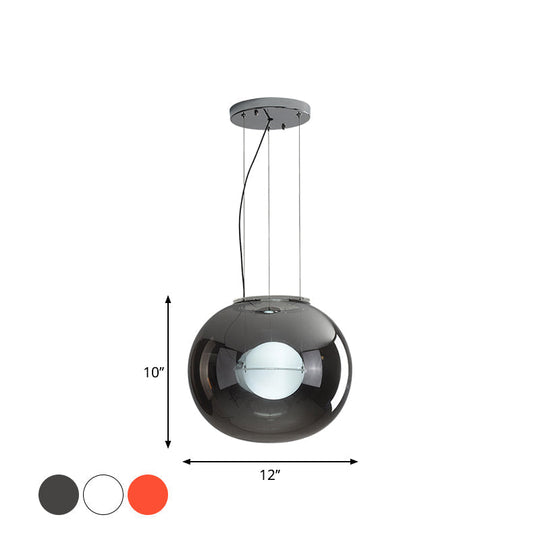Modern Hanging Light with Double Globe, White/Red/Smoke Grey Glass, 1 Bulb, Kitchen Pendant Lamp, 12"/16" W