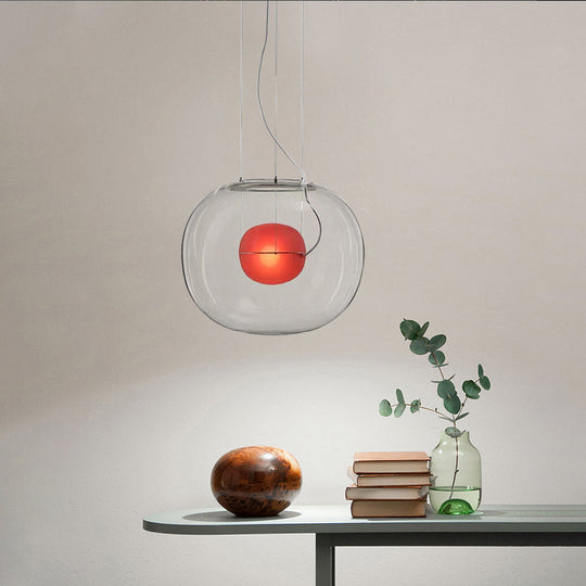 Modern Hanging Light with Double Globe, White/Red/Smoke Grey Glass, 1 Bulb, Kitchen Pendant Lamp, 12"/16" W
