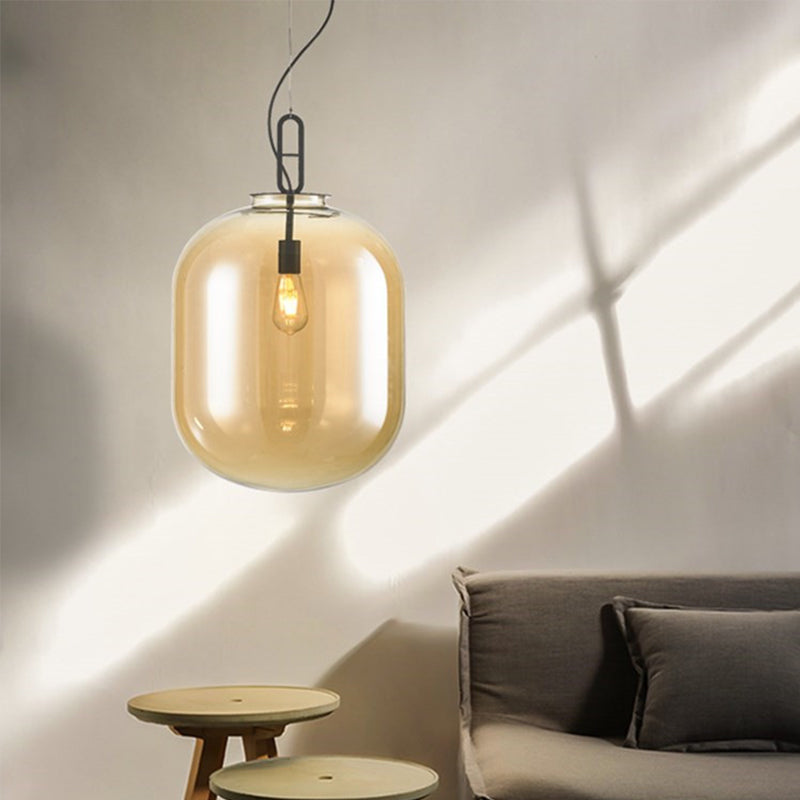 Modern Black Ovale Ceiling Hanging Light with Smoke Grey/Amber Glass Pendant - 1 Bulb Lighting Fixture, Sizes: 9.5"/14"/17
