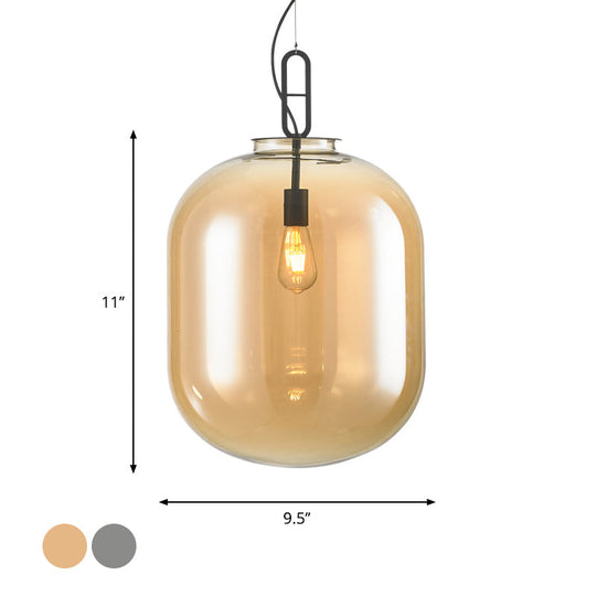 Modern Black Ovale Ceiling Hanging Light with Smoke Grey/Amber Glass Pendant - 1 Bulb Lighting Fixture, Sizes: 9.5"/14"/17