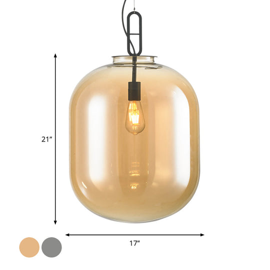 Modern Black Ovale Ceiling Hanging Light with Smoke Grey/Amber Glass Pendant - 1 Bulb Lighting Fixture, Sizes: 9.5"/14"/17