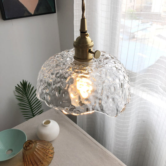 Bowl Shaped Clear Textured Glass Pendant Light with Floral Rim - Modern Brass Hanging Lamp