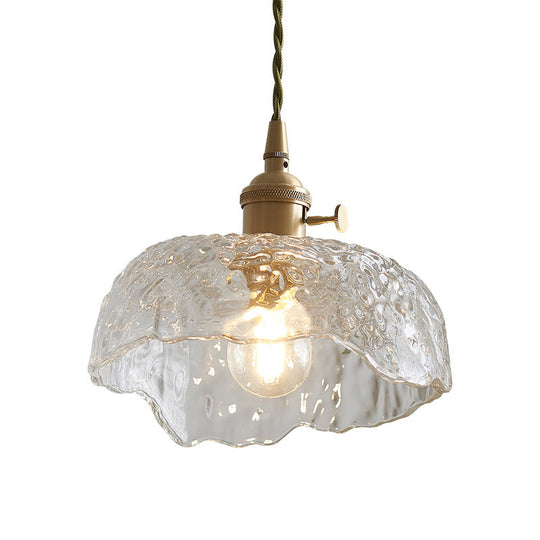Bowl Shaped Clear Textured Glass Pendant Light with Floral Rim - Modern Brass Hanging Lamp