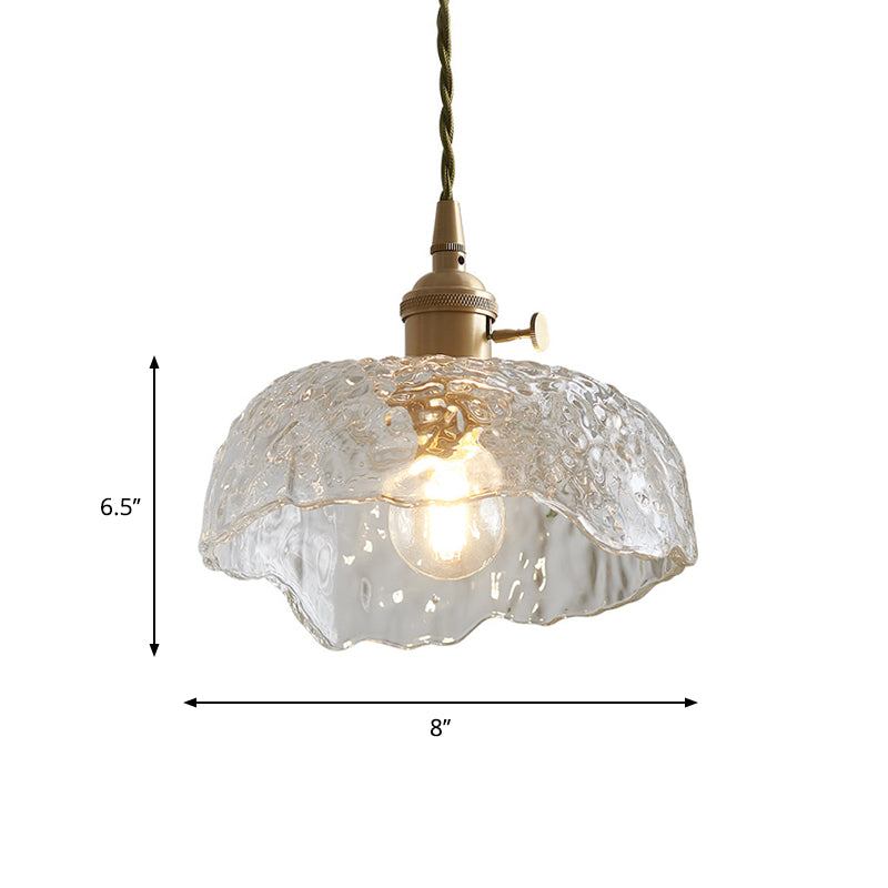 Bowl Shaped Clear Textured Glass Pendant Light with Floral Rim - Modern Brass Hanging Lamp