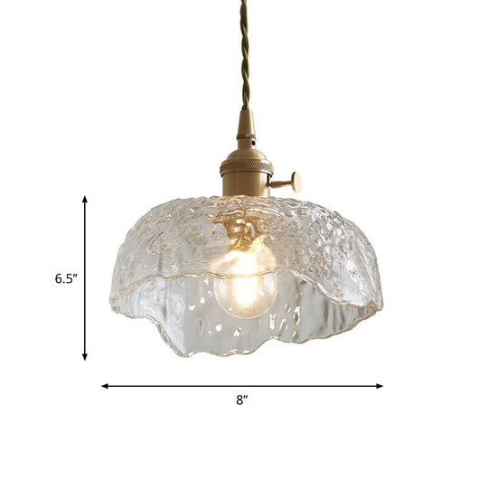 Bowl Shaped Clear Textured Glass Pendant Light with Floral Rim - Modern Brass Hanging Lamp