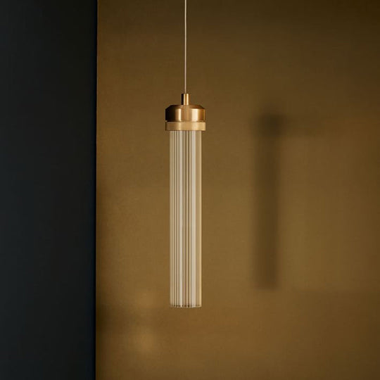 Clear Fluted Glass Tube Pendant Light: Simple Gold Ceiling Hanging Lamp for Dining Table