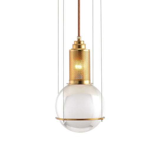Postmodern Clear Glass Ball Pendant Ceiling Light with Gold Mesh Top - Single Hanging Lamp Kit