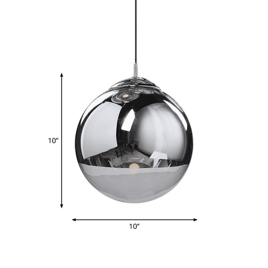 Sleek Silver Mirrored Glass Sphere Pendant Light - Perfect for Kitchen and Dinette - 1-Light Suspended Fixture, 8"/10"/12" Diameter