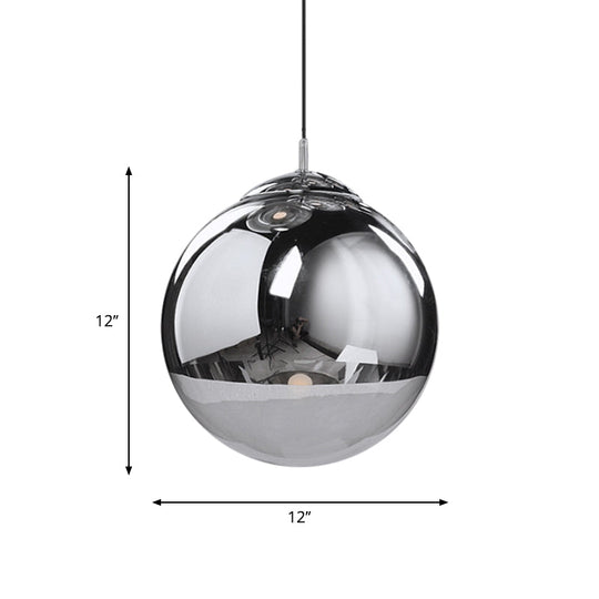 Sleek Silver Mirrored Glass Sphere Pendant Light - Perfect for Kitchen and Dinette - 1-Light Suspended Fixture, 8"/10"/12" Diameter