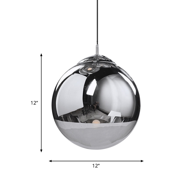 Sleek Silver Mirrored Glass Sphere Pendant Light - Perfect for Kitchen and Dinette - 1-Light Suspended Fixture, 8"/10"/12" Diameter