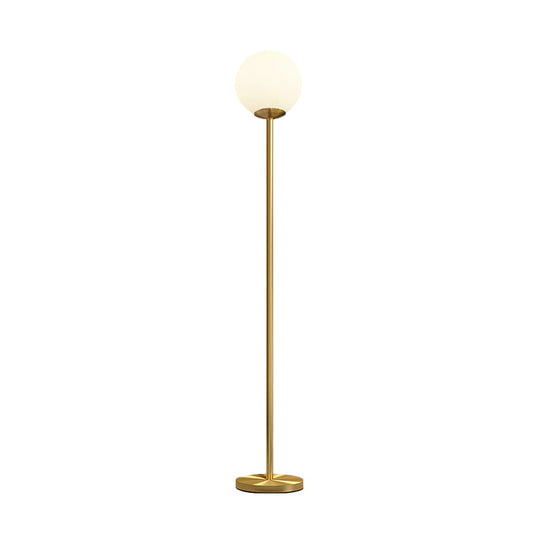 Sleek White Glass Ball Shade Floor Lamp - Minimalistic 1 Head Standing Light with Gold Upright Pole, 8"/10" Wide for Living Room