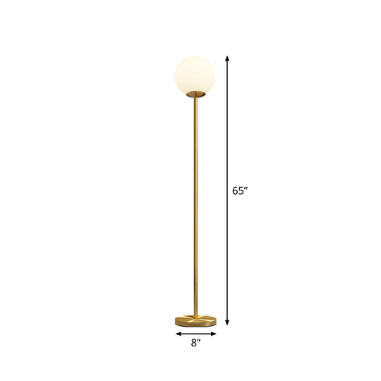 Sleek White Glass Ball Shade Floor Lamp - Minimalistic 1 Head Standing Light with Gold Upright Pole, 8"/10" Wide for Living Room