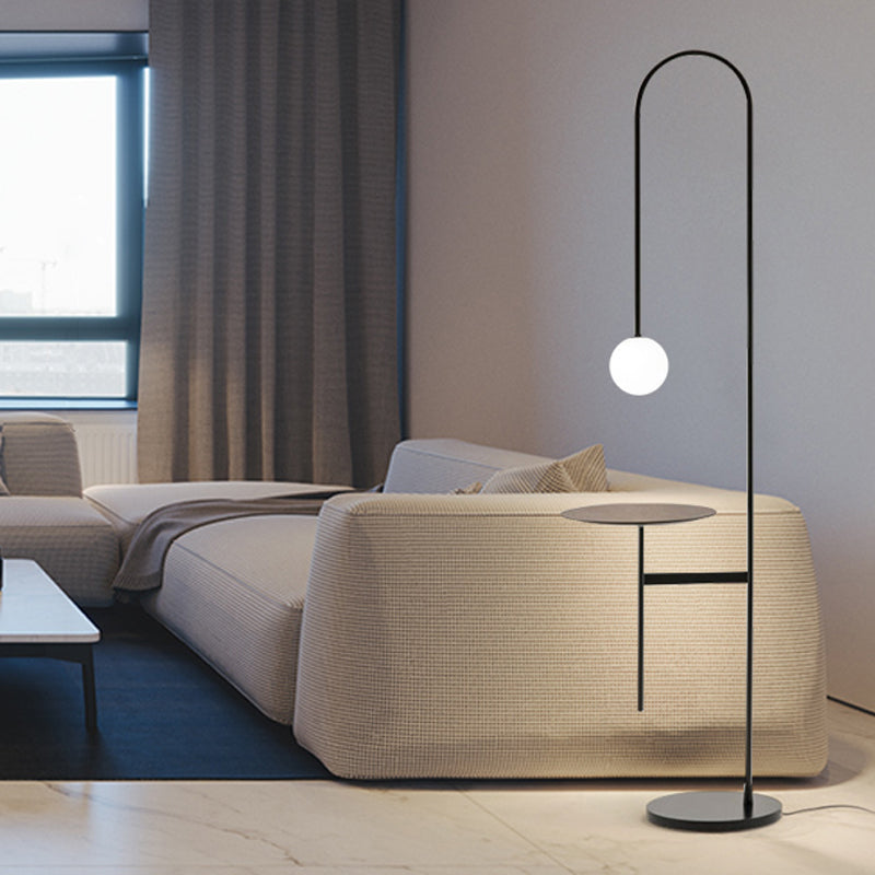 Bow Shaped Minimalist Iron Floor Lamp with Milk Glass Shade and Table - Black Stand Up Lighting