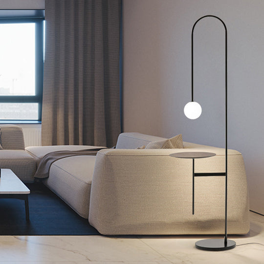 Bow Shaped Minimalist Iron Floor Lamp with Milk Glass Shade and Table - Black Stand Up Lighting