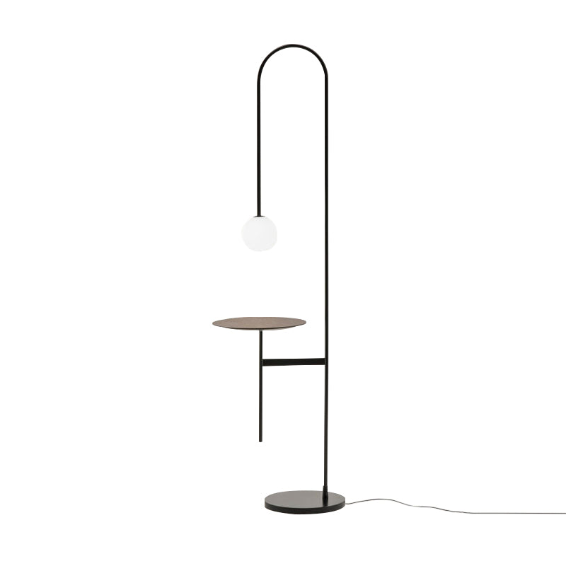 Bow Shaped Minimalist Iron Floor Lamp with Milk Glass Shade and Table - Black Stand Up Lighting